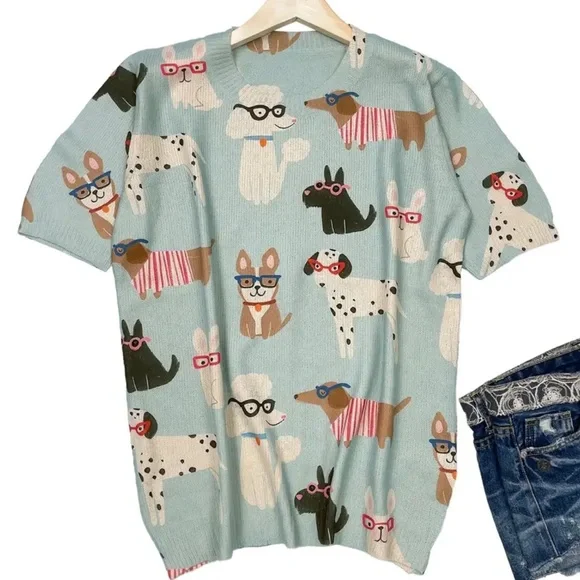 949.  Casual Knitted Crew Neck Short Sleeve Sweater, Cartoon Dog Print, - Picture 3 of 3